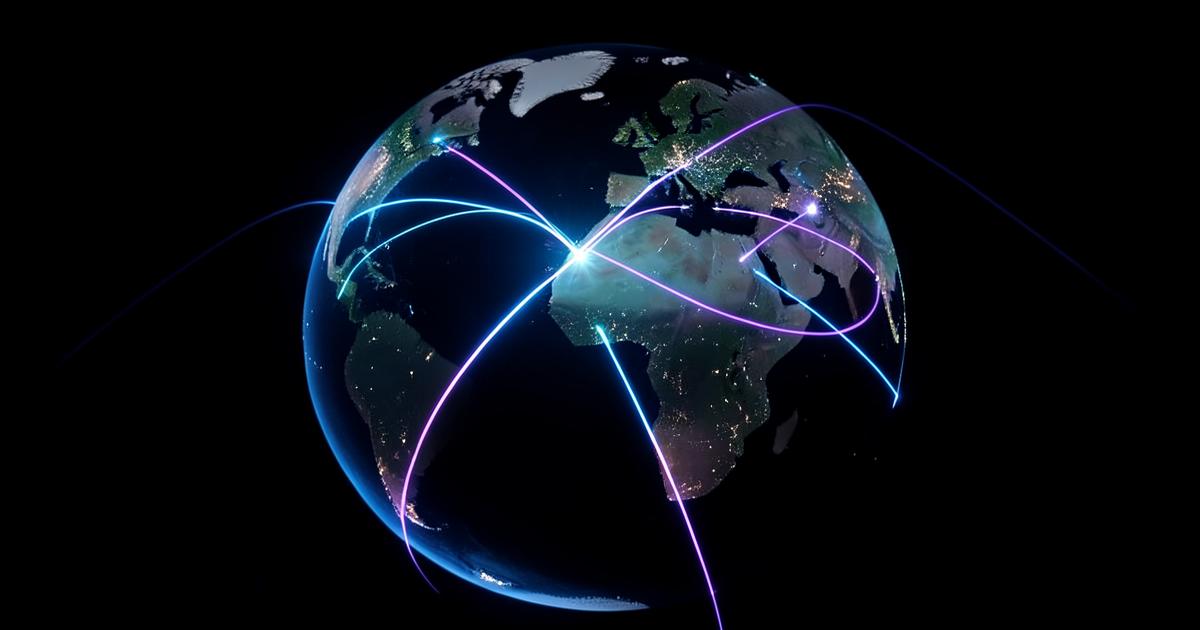 Glowing light arcs connecting points on a dark globe