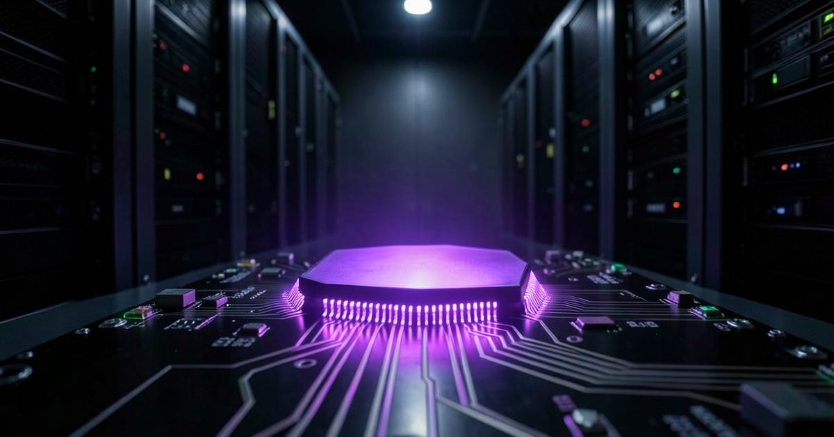 Glowing purple processor chip in a dark server hall