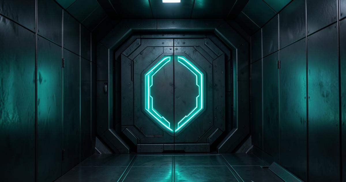 Dark vault door with teal neon shield glow