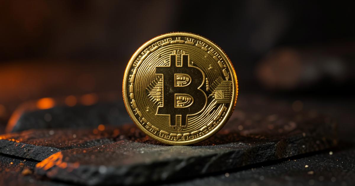 Golden bitcoin coin on dark stone with orange light