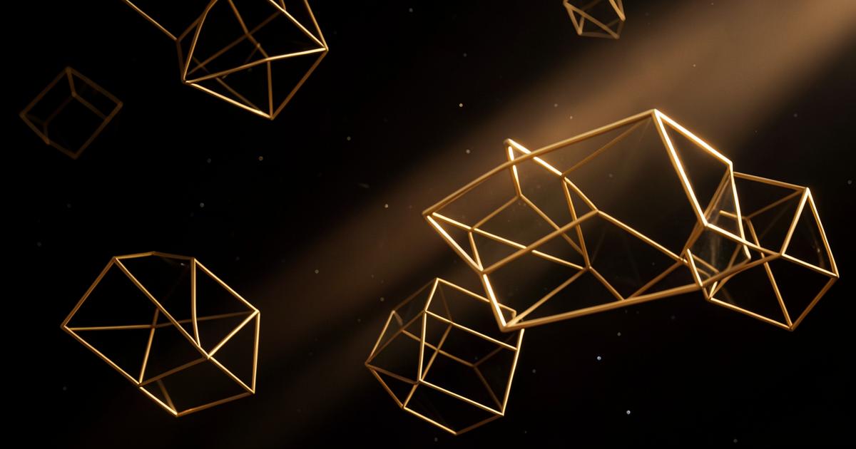 Golden wireframe cubes floating in dark space