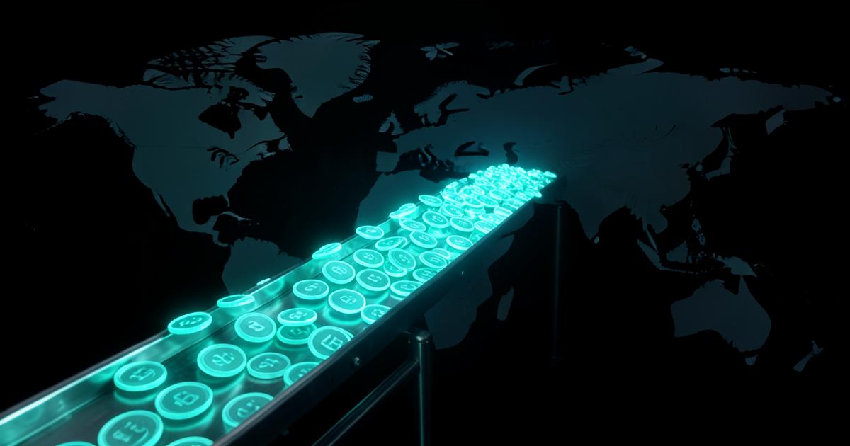Glowing digital coins on a conveyor over a dark world map