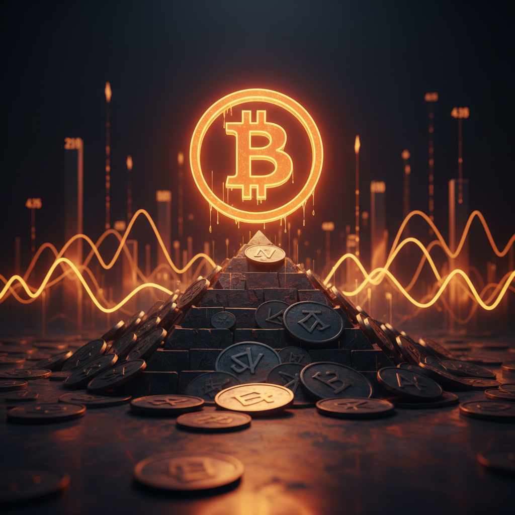 Symbolic representation of the Bitcoin debasement trade with glowing orange crypto assets against fiat backdrop.