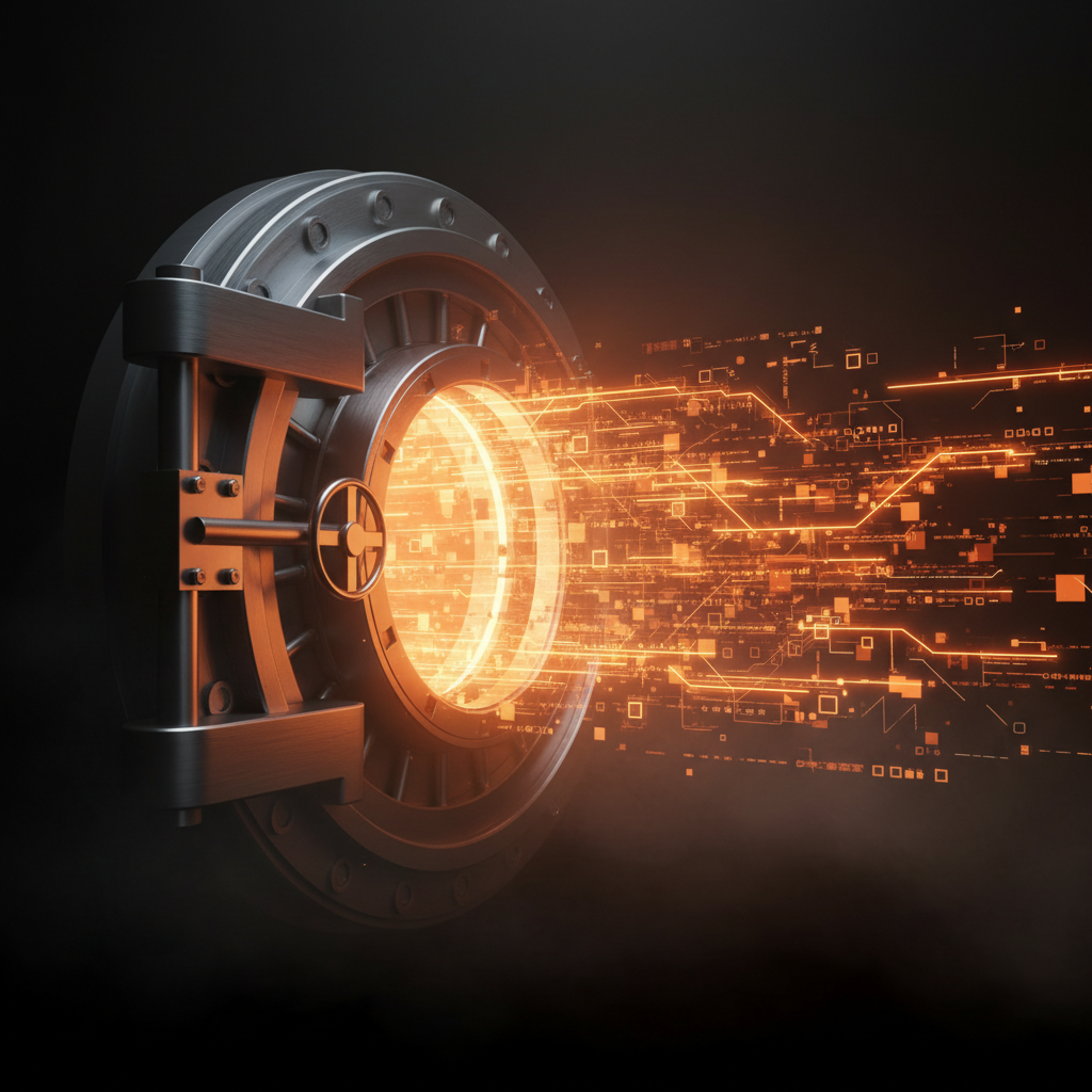Digital representation of massive Bitcoin ETF inflows flowing into dark institutional vaults.