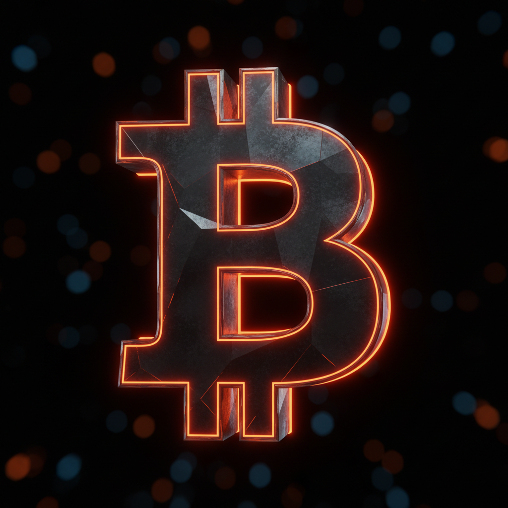 Bitcoin emblem illuminated with orange neon outlines amid a Bitcoin price correction