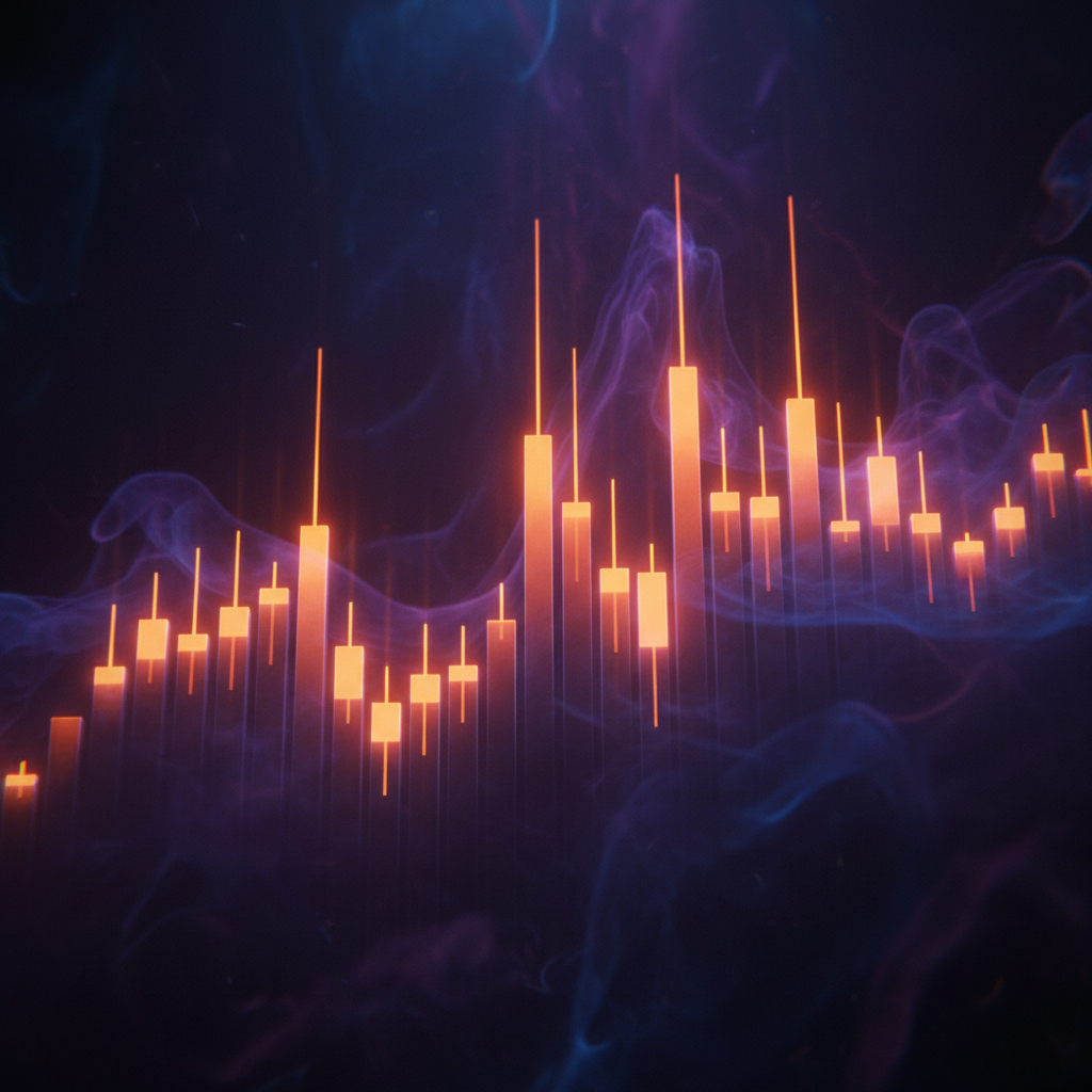 Candlestick price chart representing Bitcoin short liquidations with vivid orange market trajectory lines.