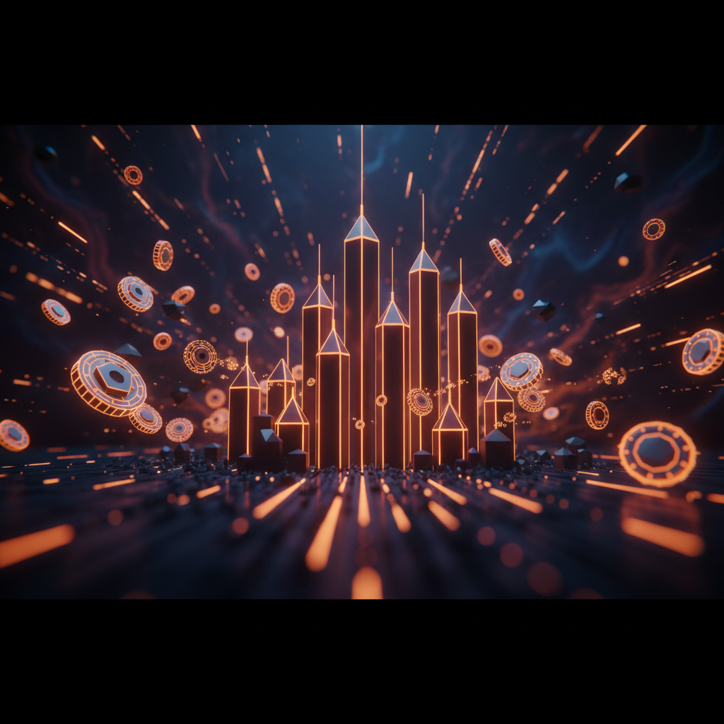 Candlestick charts and glowing tokens representing a broad crypto market expansion.