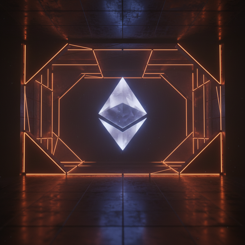 Ethereum symbol facing a barrier illustrating Ethereum price resistance in orange lighting
