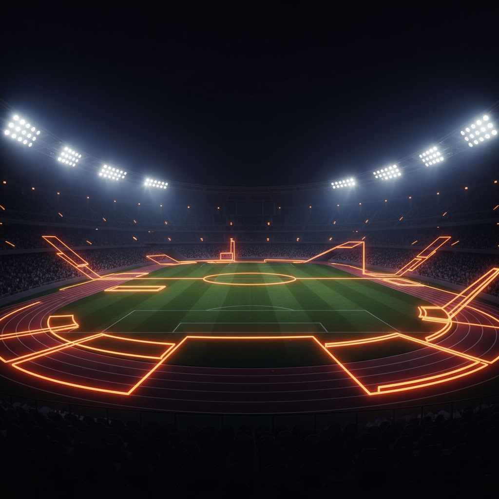 Illuminated collegiate stadium perimeter featuring Florida Gators XRP branding in glowing orange accents.