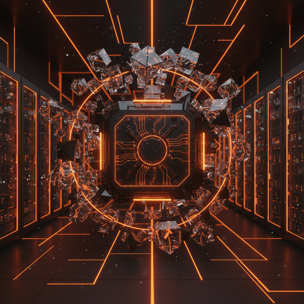 Futuristic digital vault showcasing the ACQUA1 tokenized asset offering in orange lighting