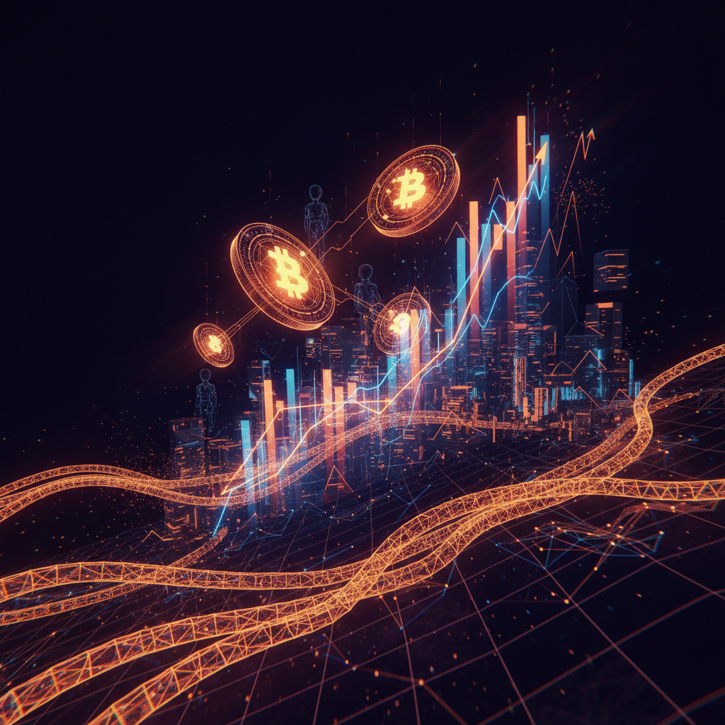 Abstract neural networks intersecting with blockchain nodes showing AI agents and crypto