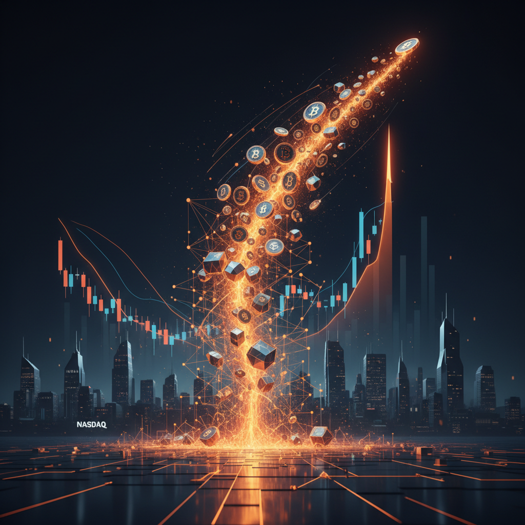 Stock chart displaying a volatile Bitcoin stock rally on trading screens with orange lighting.