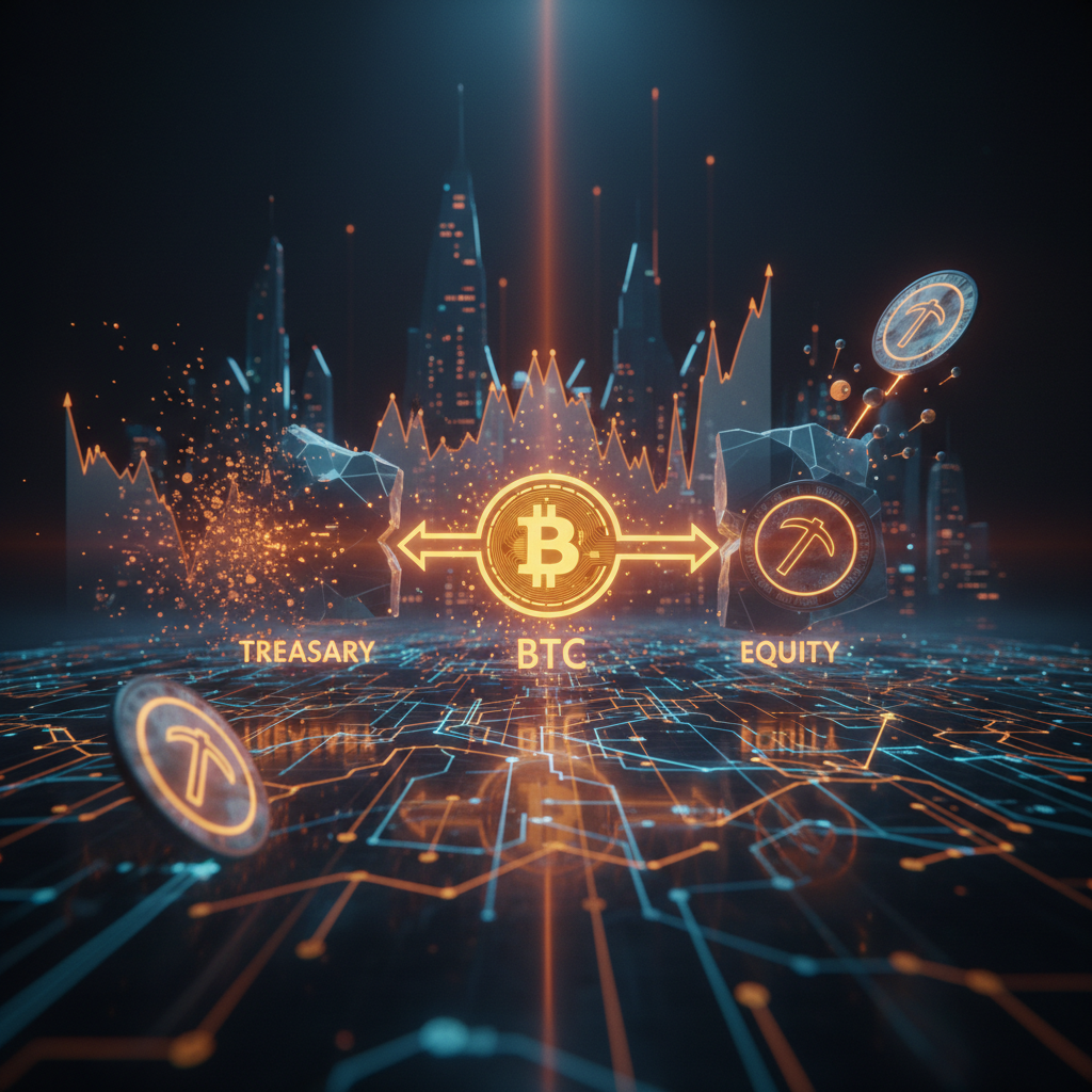 Glowing digital financial dashboard displaying public company Bitcoin metrics and stock equity figures.