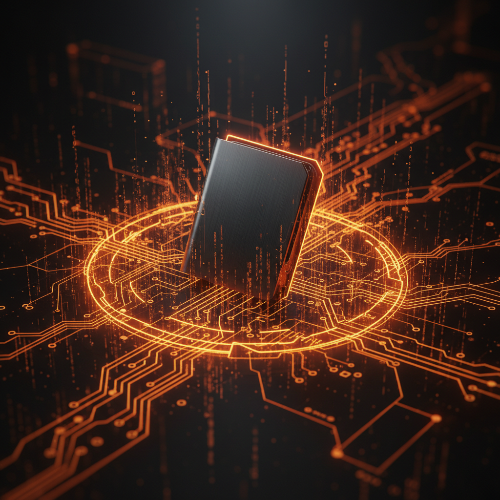 Secure crypto hardware wallet surrounded by data network lines representing hardware wallet security breach risks.