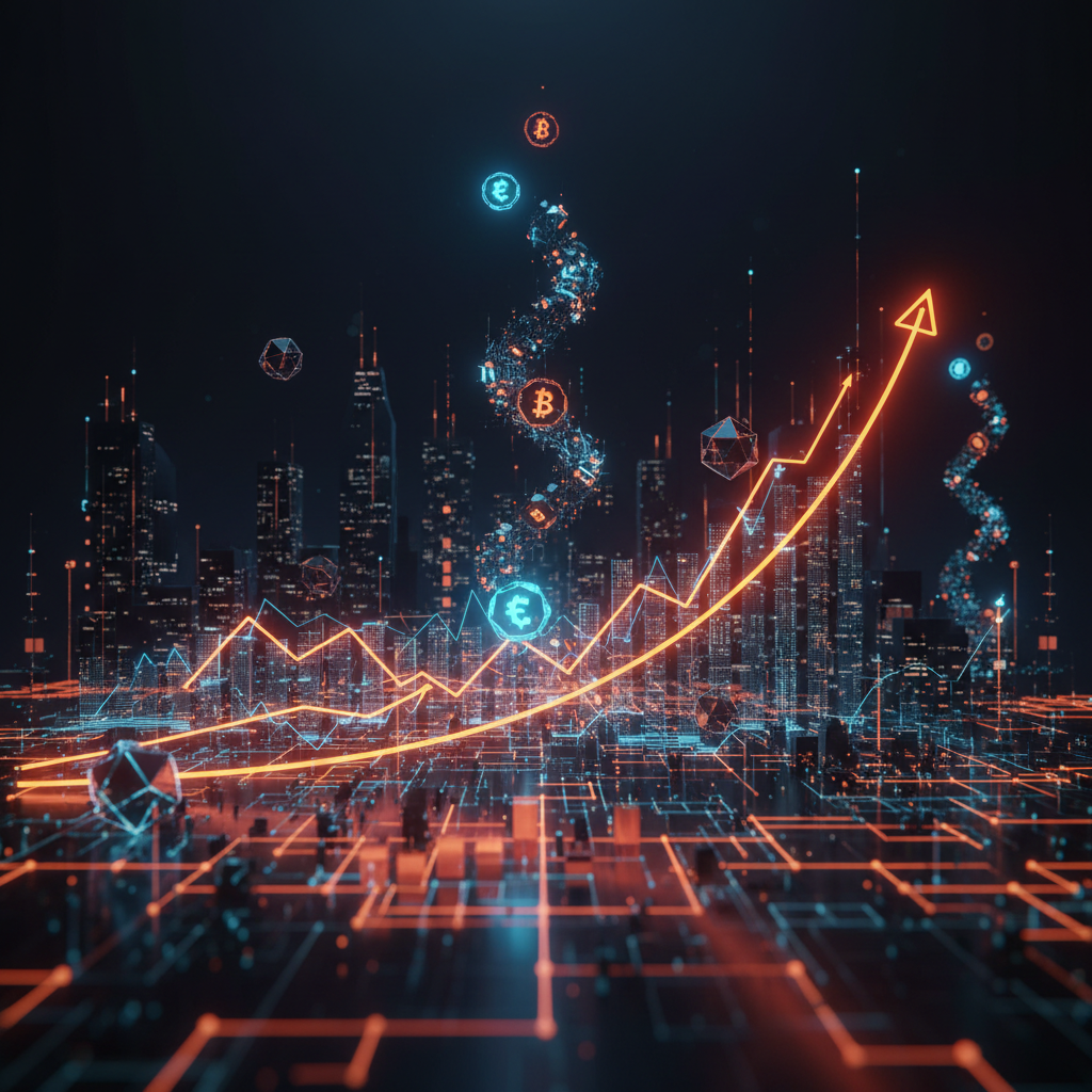 Abstract digital market grid illustrating a viral crypto trade with rising orange charts