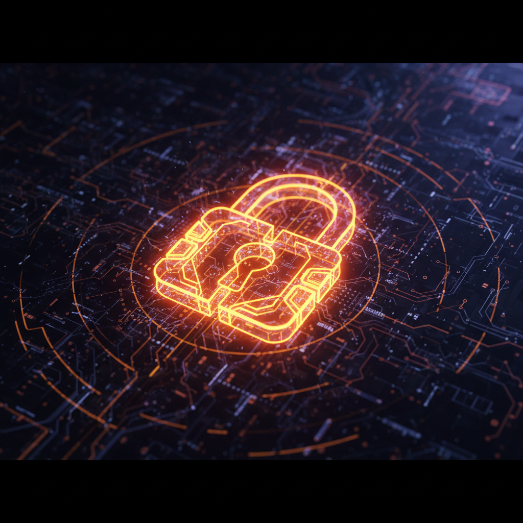 Holographic security lock representing XRPL wallet security on a dark digital background.
