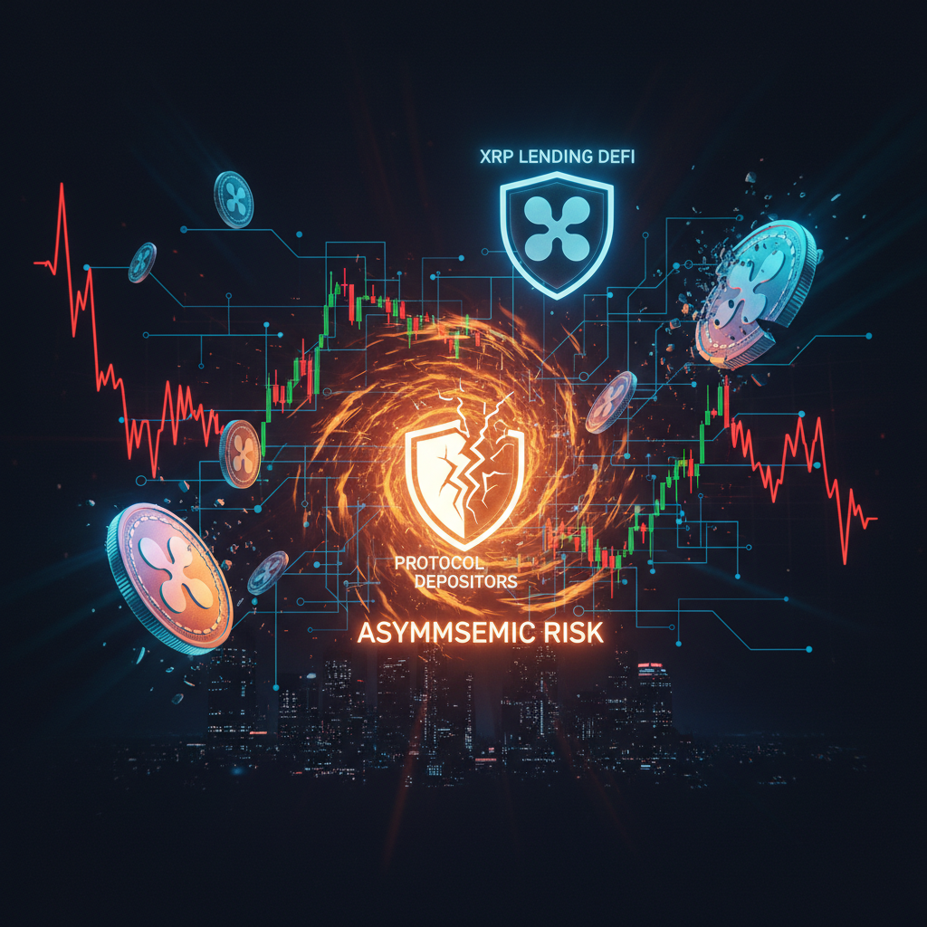 Abstract digital risk model illustrating asymmetric XRP lending protocol risk in decentralized vault mechanisms.