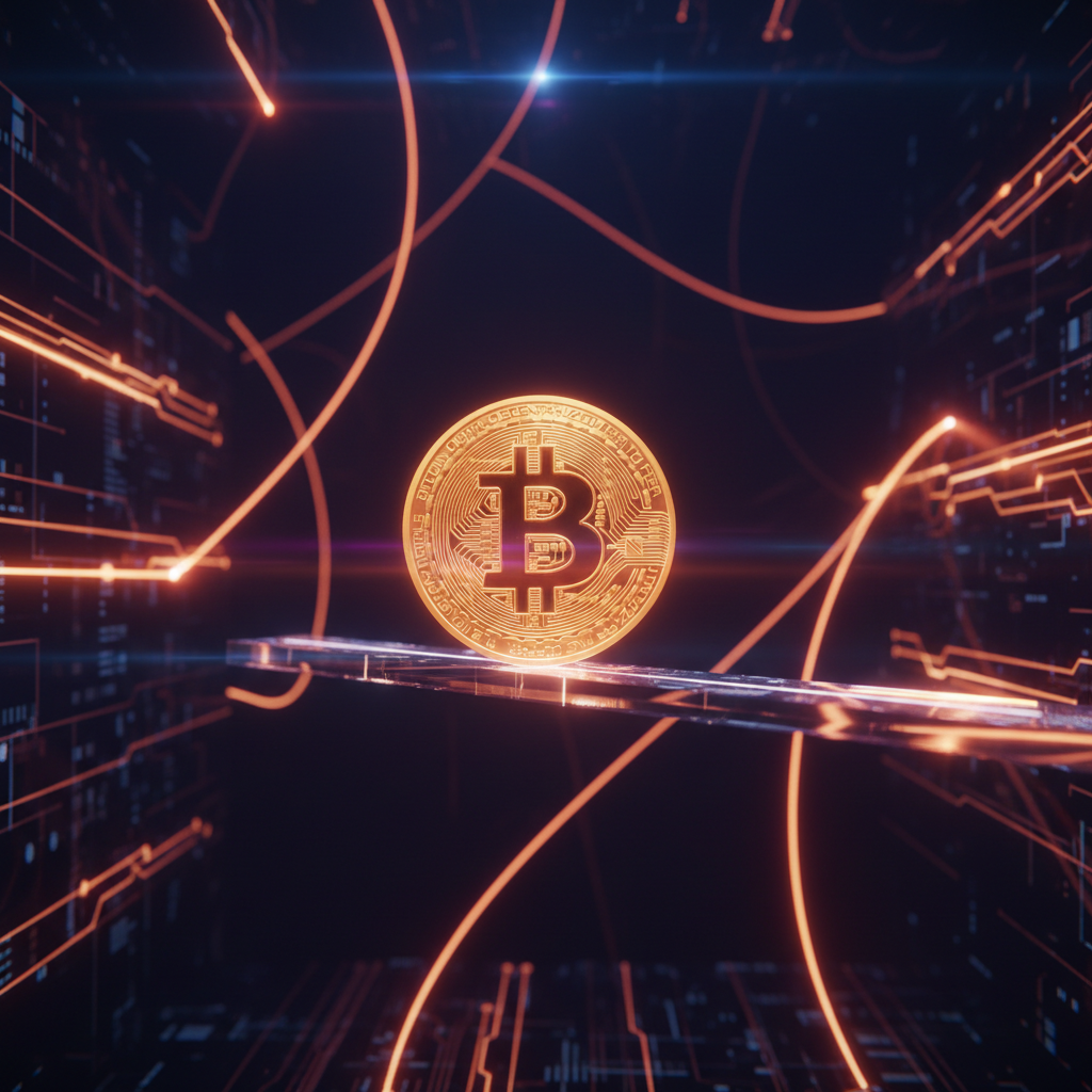 Digital trading screen depicting the Bitcoin price action against a dark backdrop with orange glowing metrics.