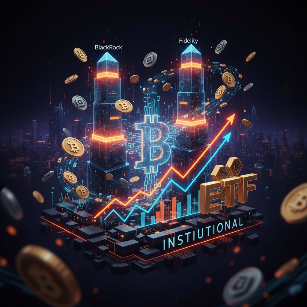 Vault interior with digital currency flows illustrating Bitcoin ETF inflows in dark neon orange tones.