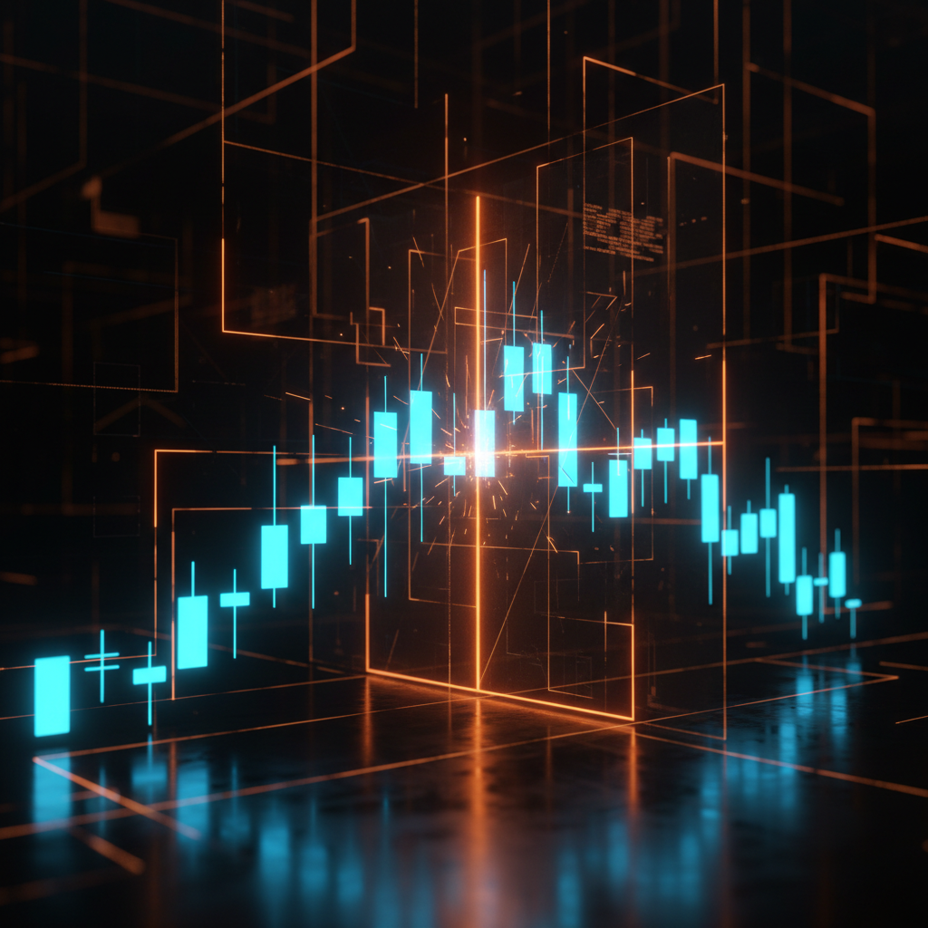 Financial chart demonstrating Bitcoin price analysis near key resistance with vivid orange glowing indicators.