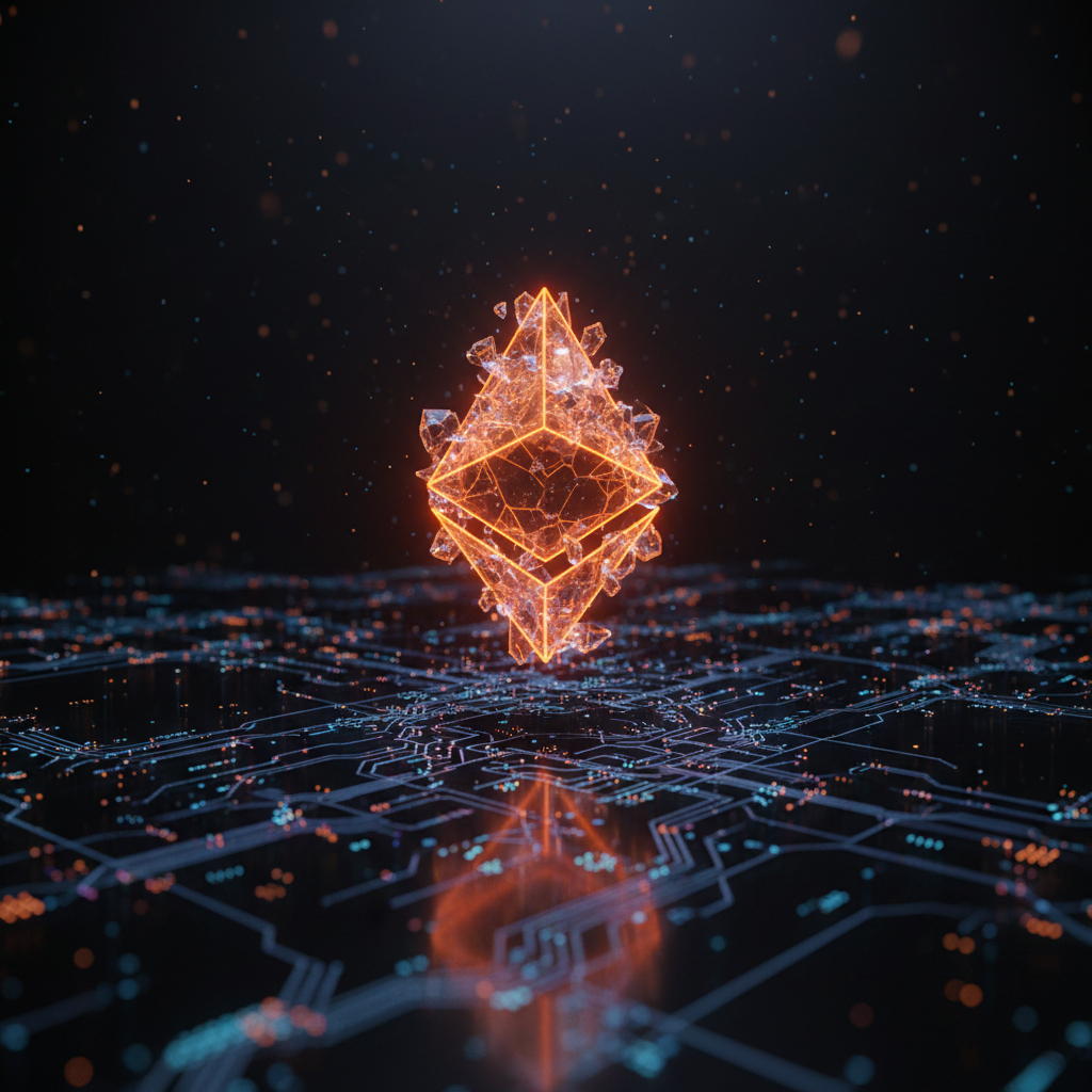 Cryptographic Ethereum symbol glowing in orange neon for the Ethereum EIP-8141 gas proposal.