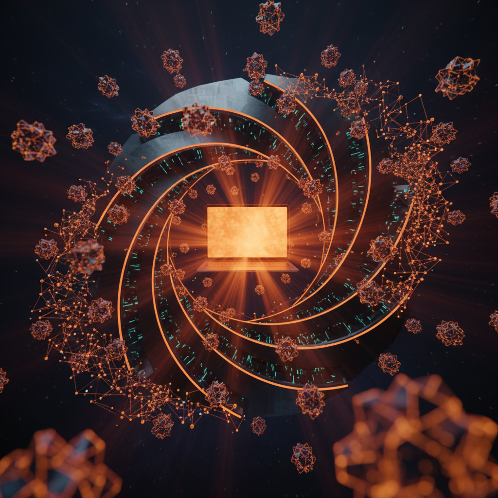 Stylized futuristic laptop glowing with orange neon circuits representing the LAPTOP memecoin launch.