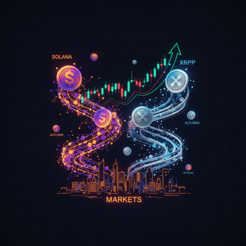 Dual glowing digital pillars representing a Solana vs XRP rally comparison across major crypto assets.