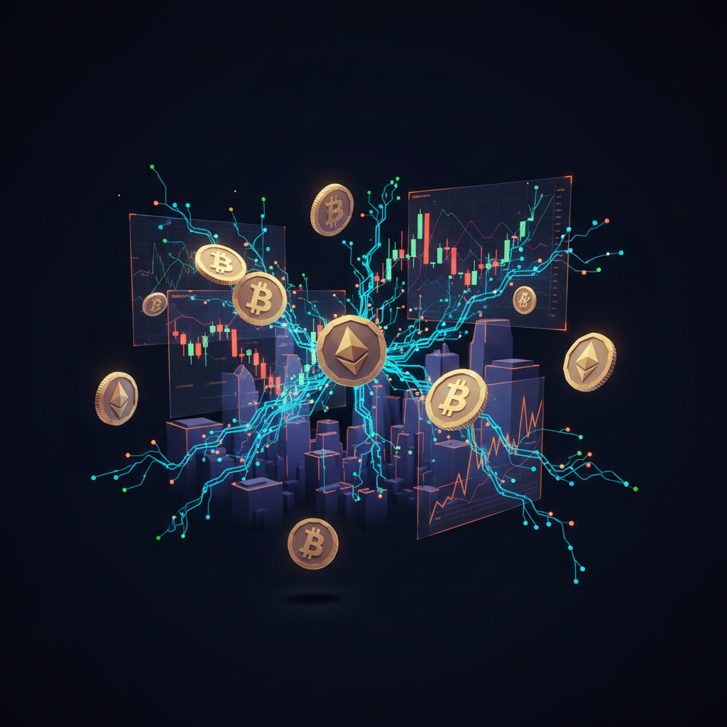 Futuristic multi-screen trading desk displaying data for zero fee AI crypto trading algorithms.
