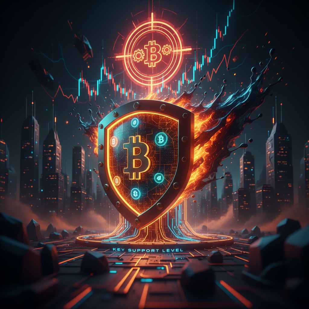 A glowing cryptographic node undergoing a Bitcoin price support test amid market volatility.
