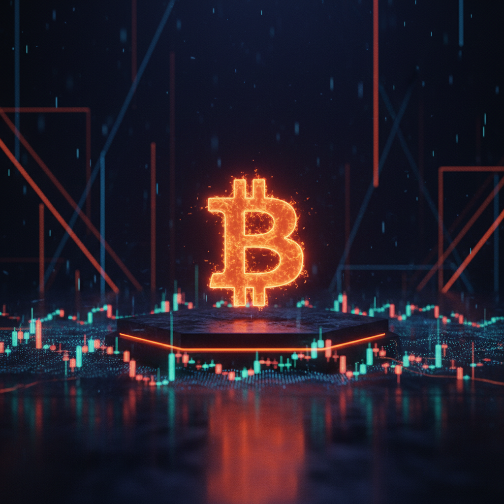 A glowing Bitcoin symbol positioned on a dark background showing Bitcoin price consolidation trends.