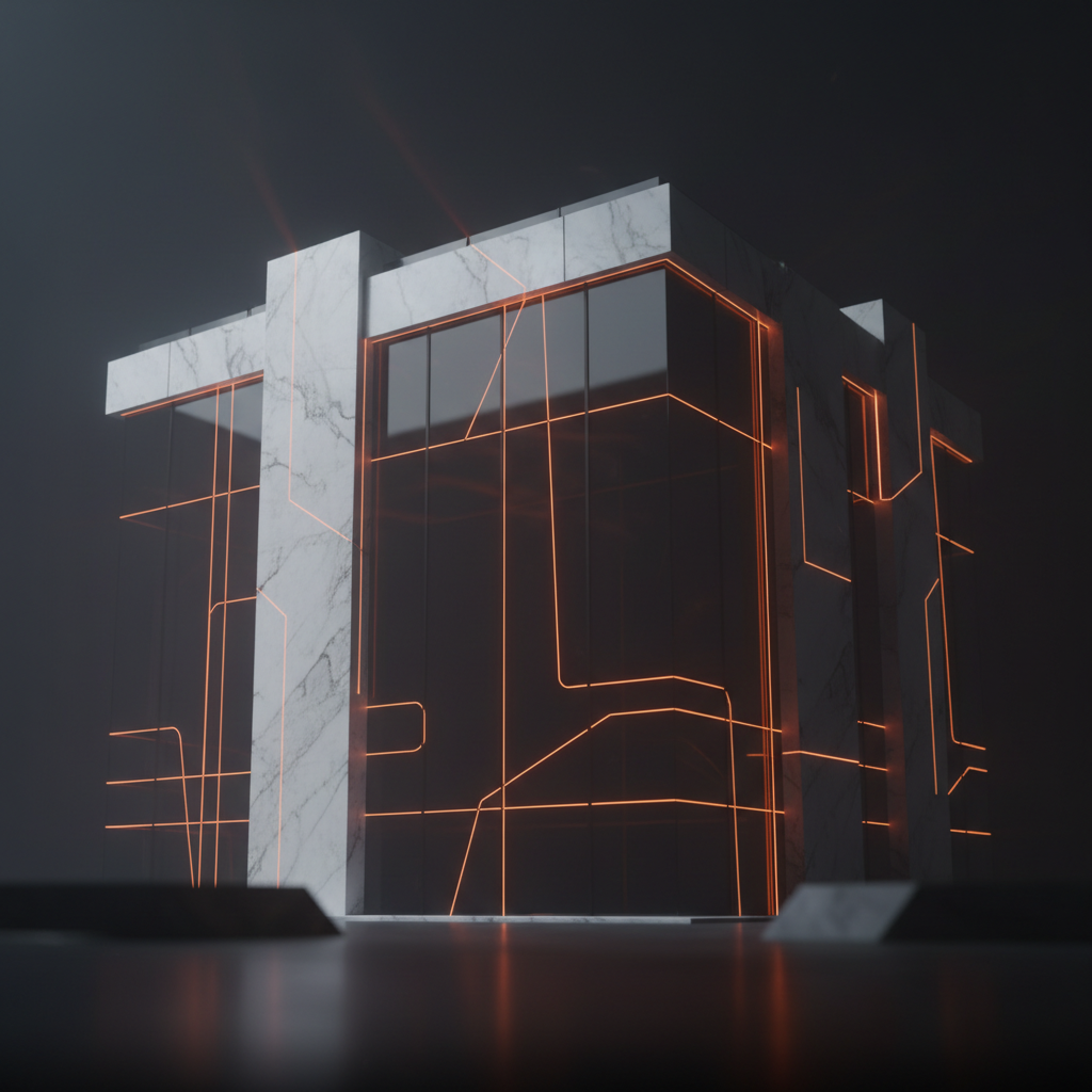 A formal federal banking structure at night representing the Block bank charter regulatory process.