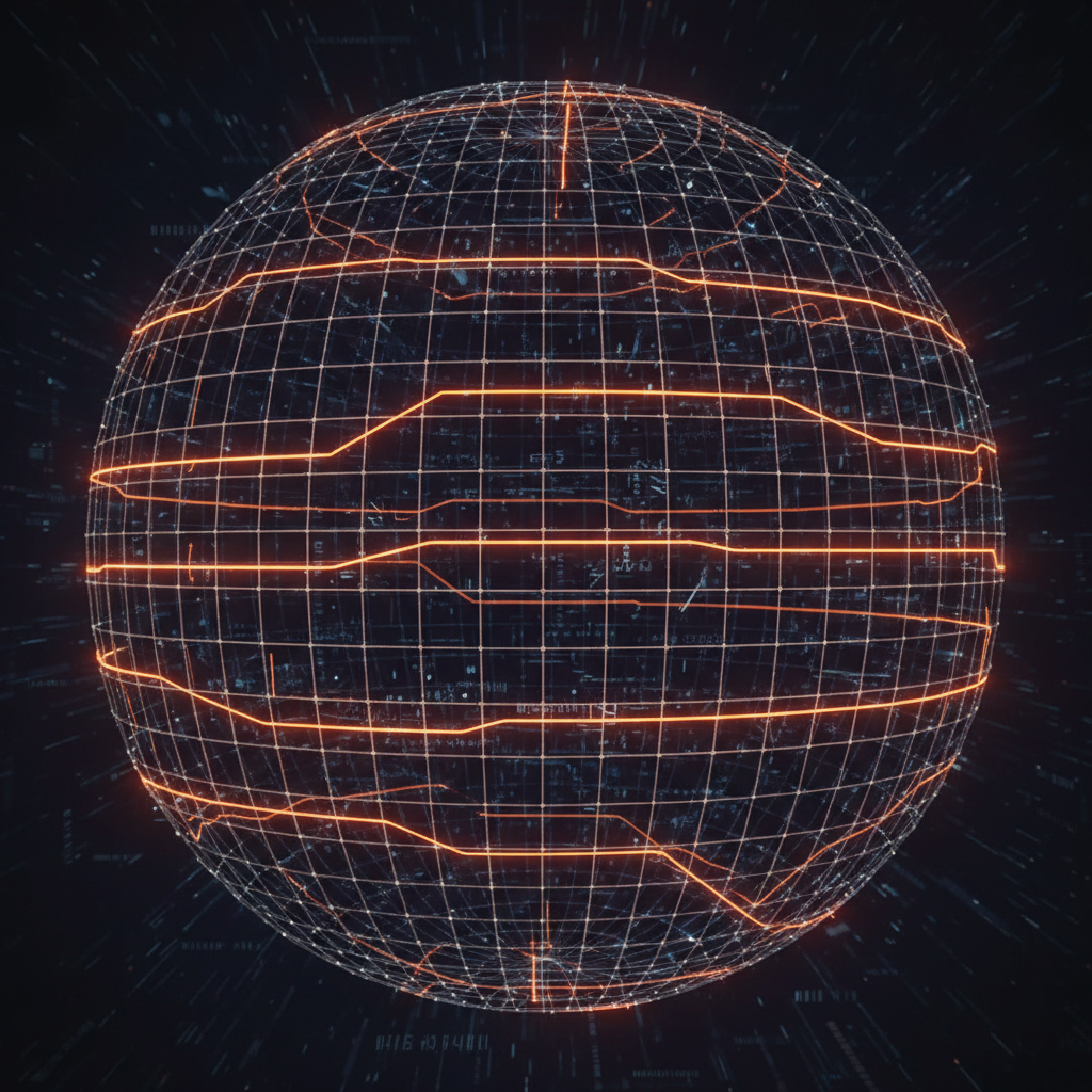 Abstract digital blockchain nodes glowing with orange light illustrating Robinhood Chain fees surging.