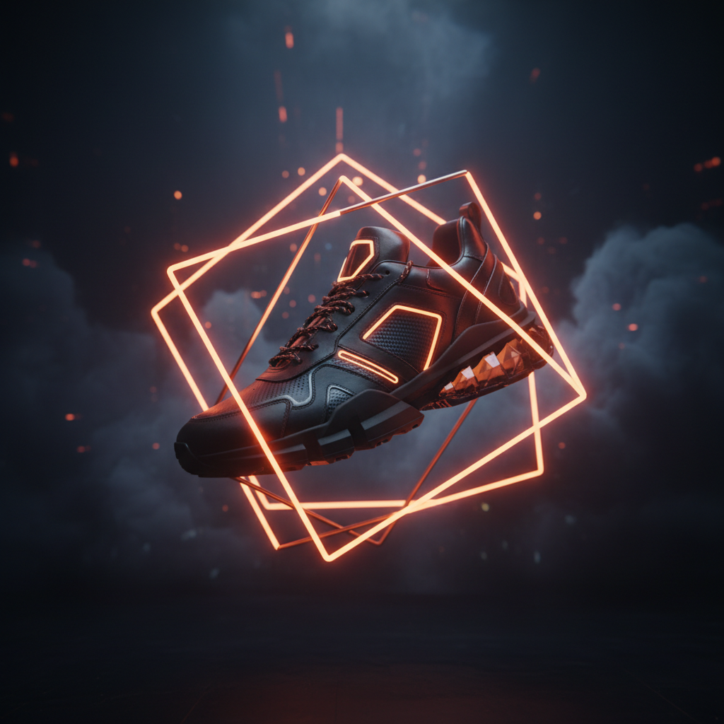 Designer Bitcoin branded sneakers displayed in a modern studio setting with warm neon lighting.