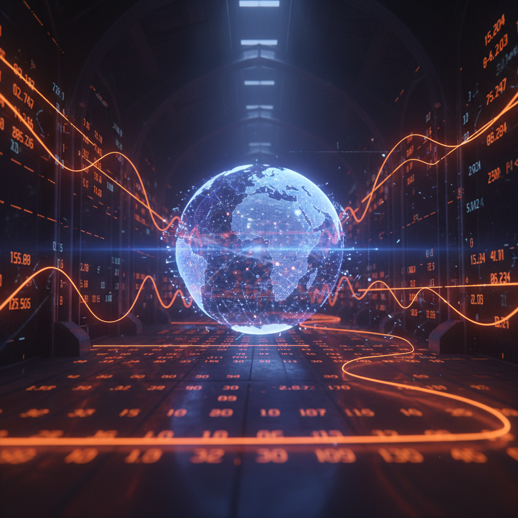 Abstract digital exchange terminal facilitating 24/7 tokenized stock trading during weekend market closure.