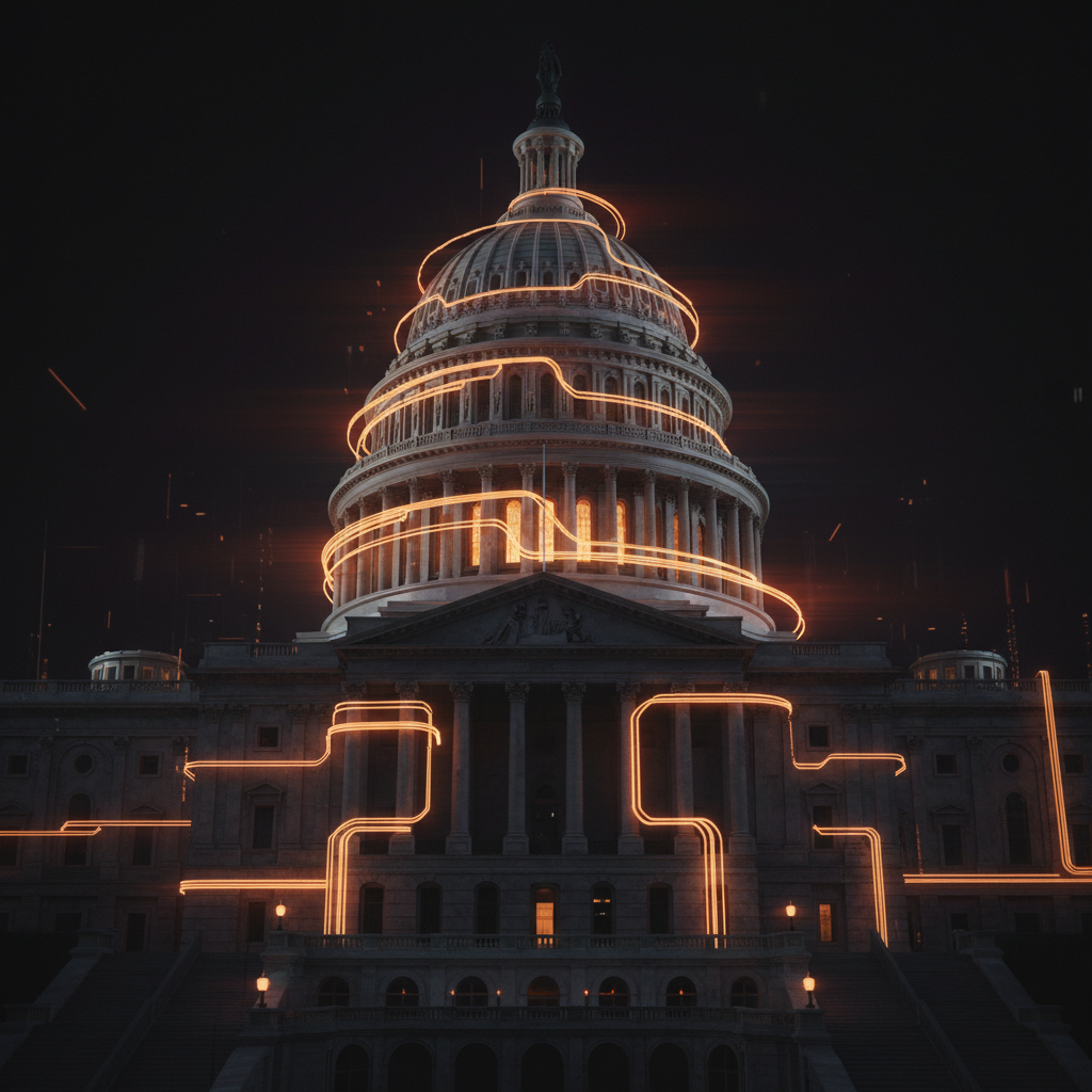 The US Capitol building illuminated by orange legal circuitry ahead of the Senate CLARITY Act vote.