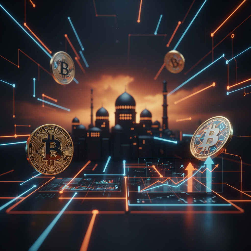 A dark digital seaport showing Iran crypto trade logistics with glowing orange financial streams.