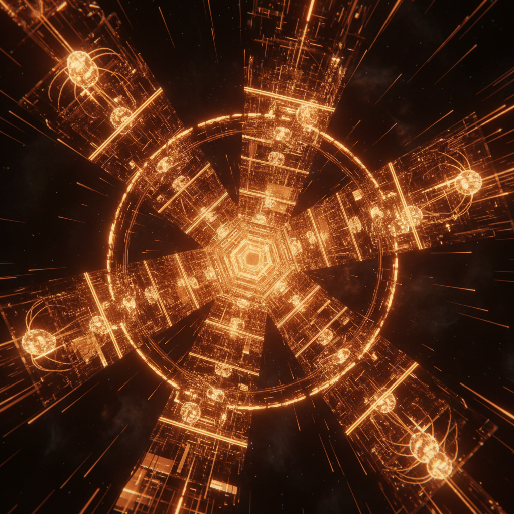 Digital mathematical network representing autonomous AI agent networks with orange neon connectivity.