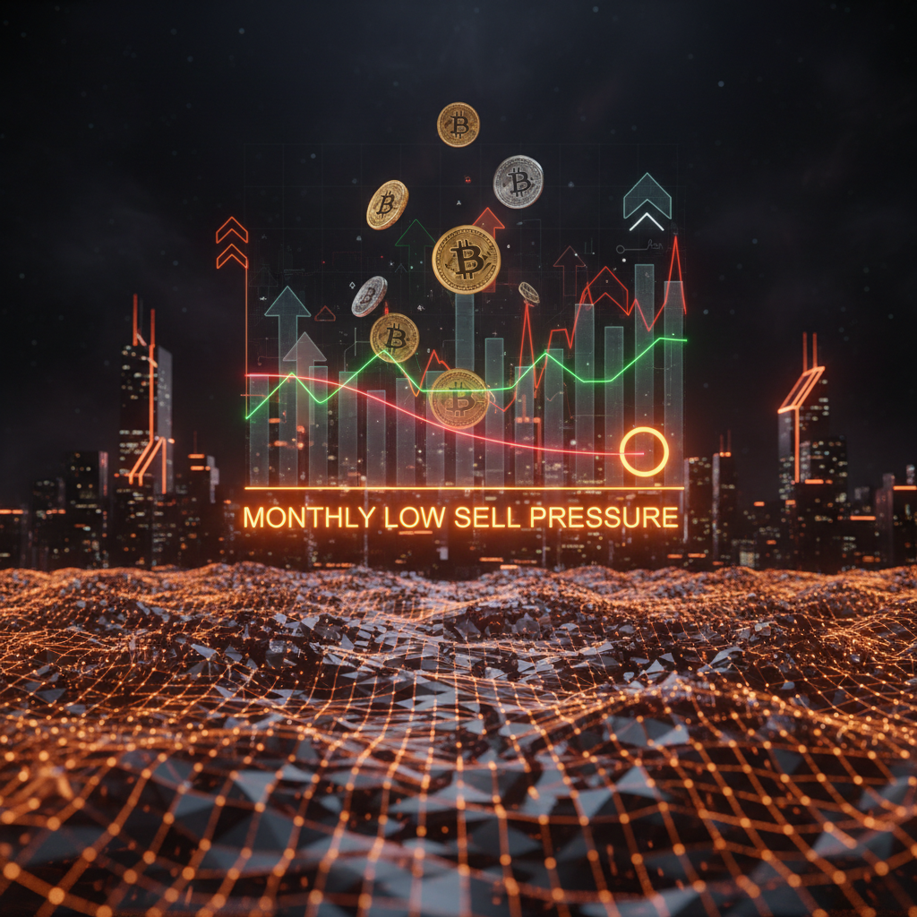 A glowing cryptocurrency coin showing reduced Bitcoin sell pressure amid glowing chart metrics.