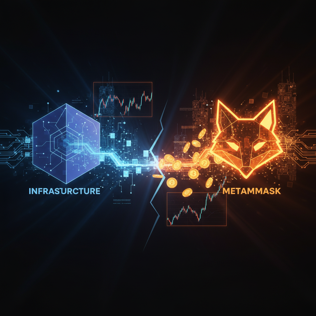 Conceptual digital architecture illustrating the Ethereum adoption gap beside glowing network nodes