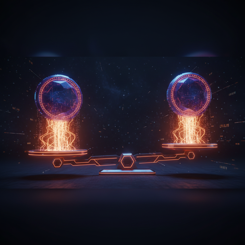 Glowing digital tokens demonstrating XRP market cap growth against Bitcoin background
