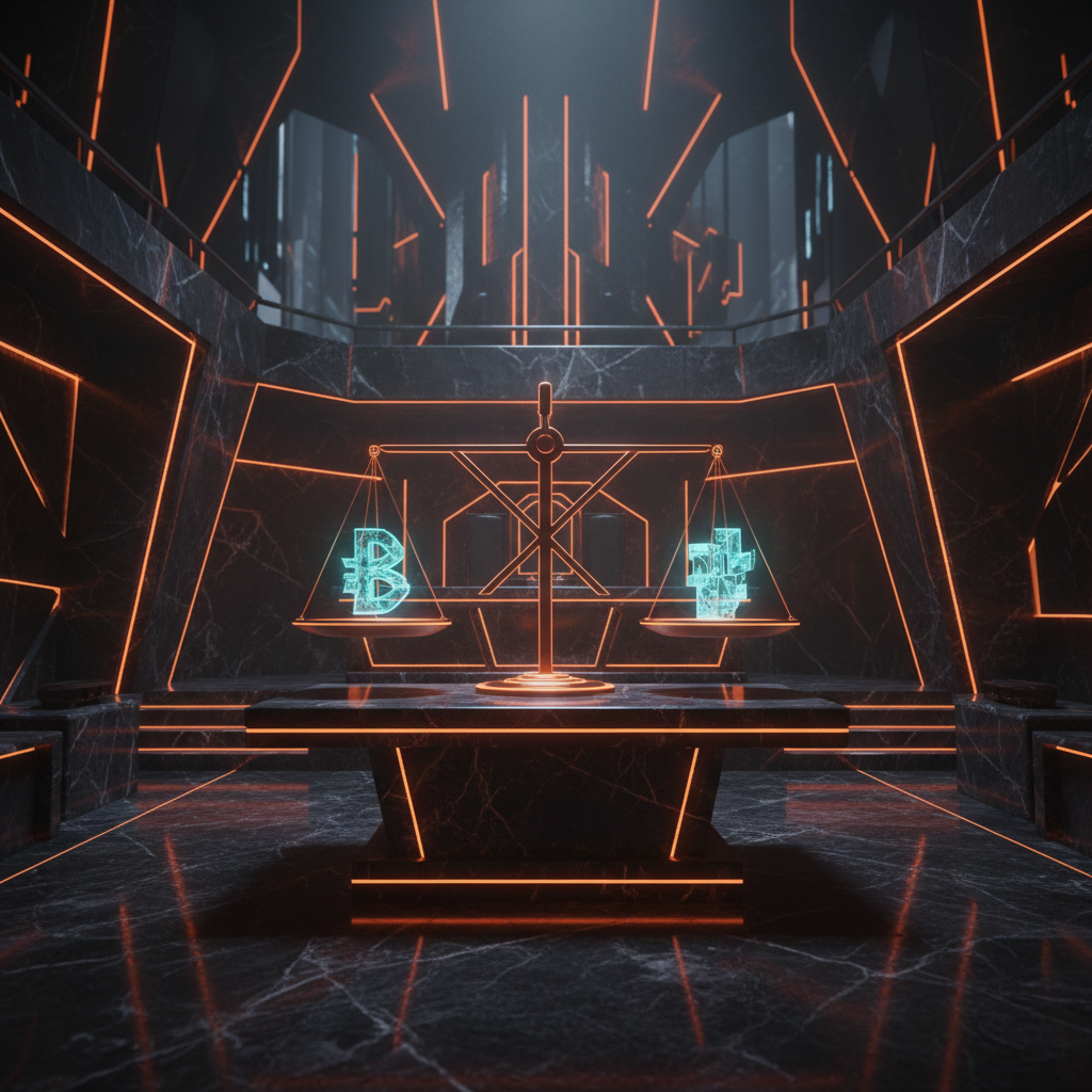 A futuristic courtroom setting illustrating legal challenges surrounding the Illinois crypto tax.