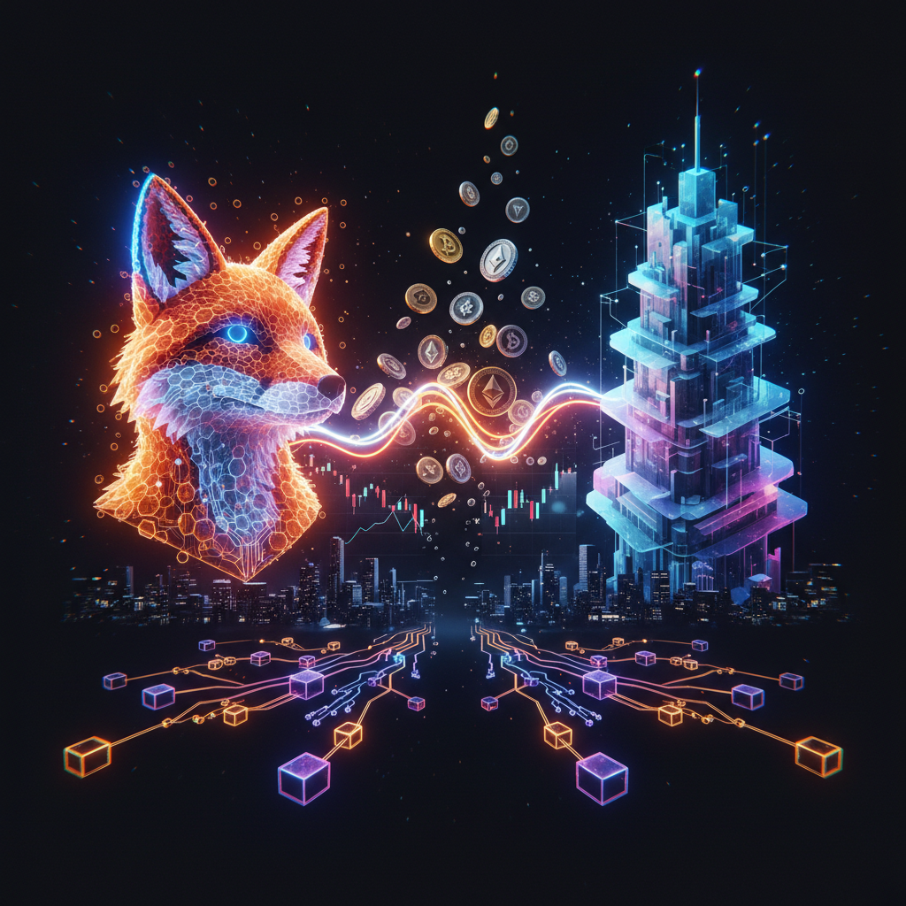 Abstract digital structures parting ways illustrating the MetaMask Consensys split