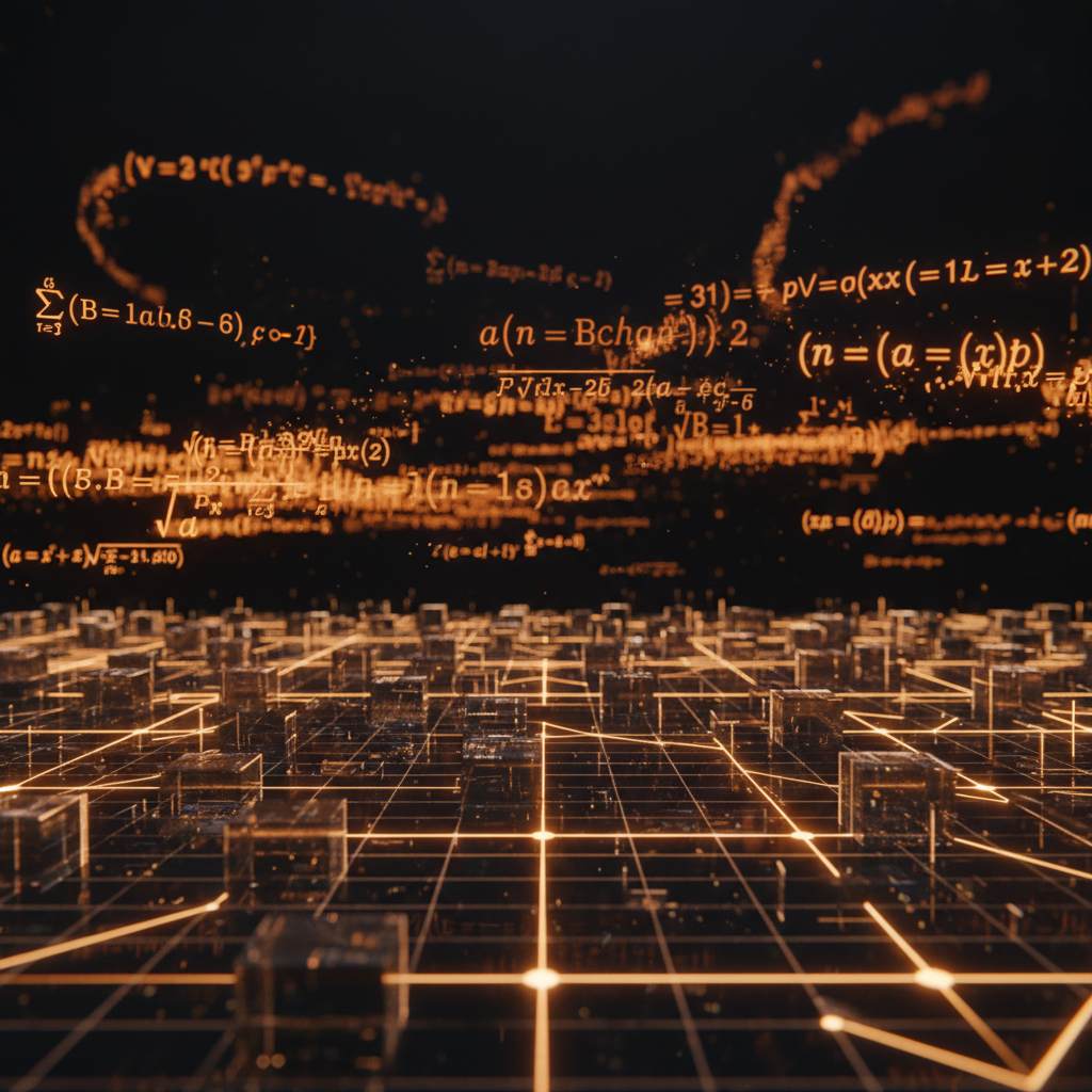 Glowing orange mathematical formulas floating across an AI smart contract verification dark matrix visual.