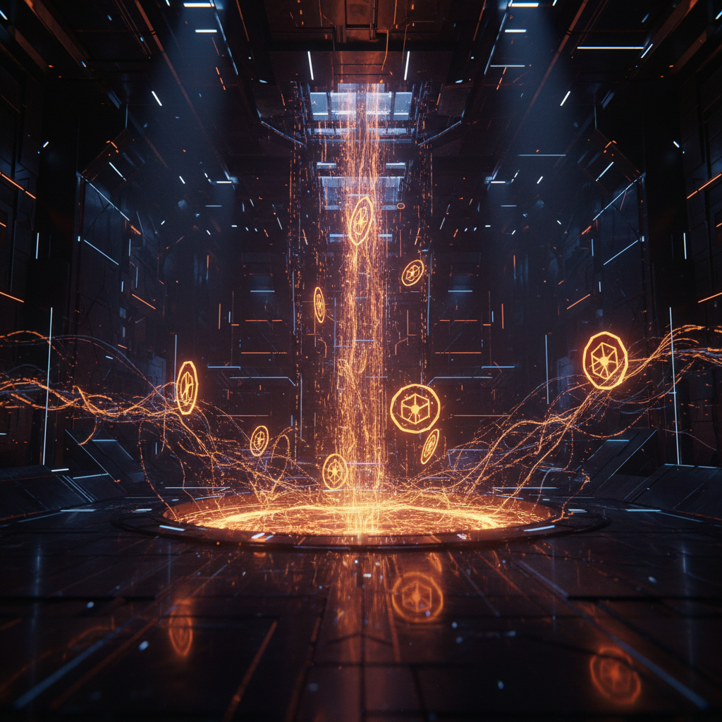 A dark digital treasury safe showing Ripple burns RLUSD tokens in a burst of orange light.