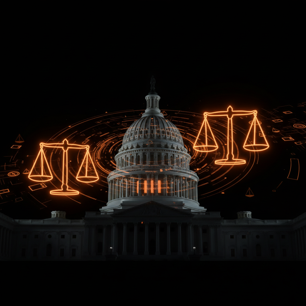 A government legislative chamber backdrop showcasing the revised crypto bill text in orange illumination.
