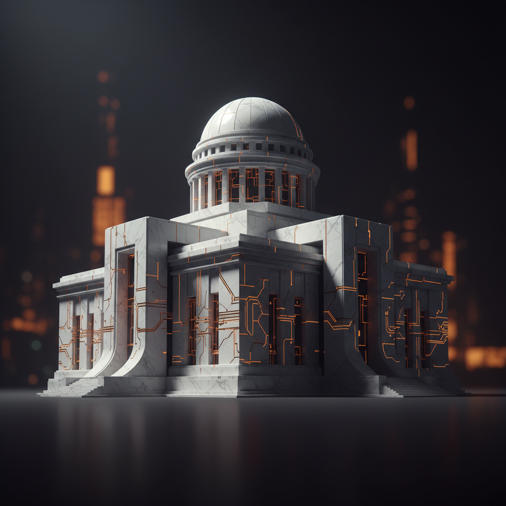Capitol pillars overlaid with orange digital lines representing the CLARITY Act crypto bill debate.