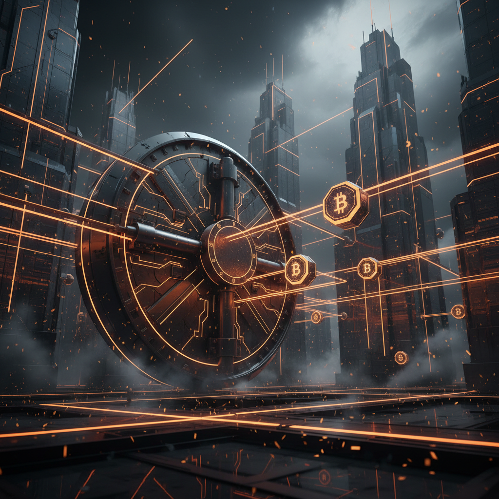 Abstract digital nodes representing Tether private credit flowing through institutional financial corridors.