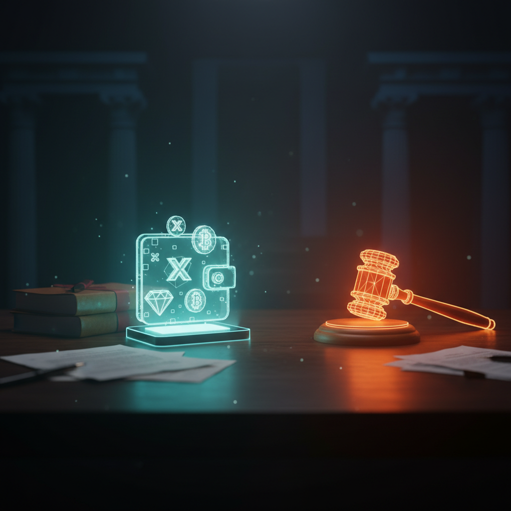 A dramatic scene representing hidden crypto assets in a legal courtroom setting.