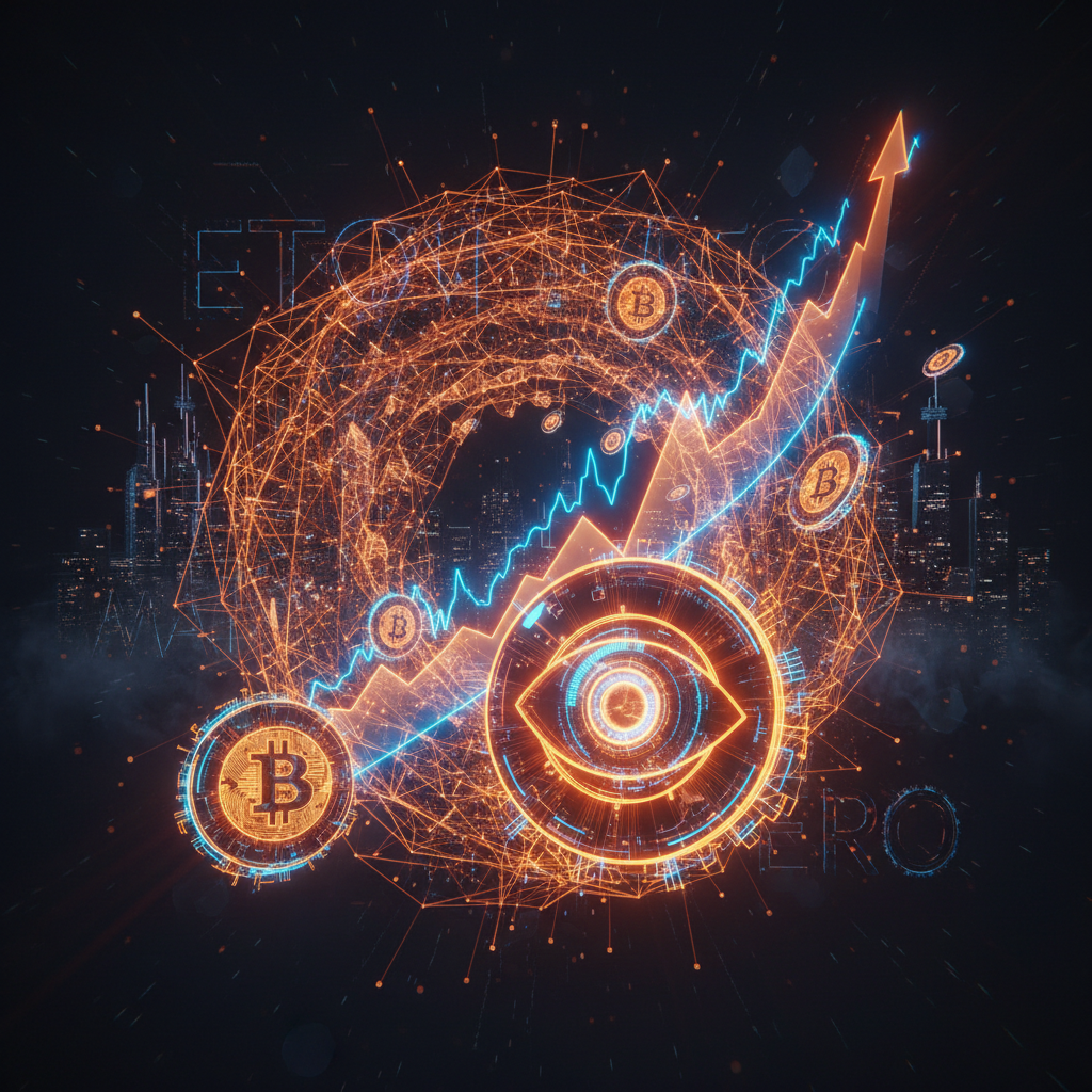 An artistic glowing chart tracking the Bitcoin price target on dark digital background