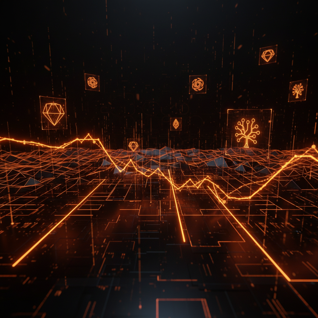 Analytical trading screen monitoring crypto market momentum with glowing orange indicator lines